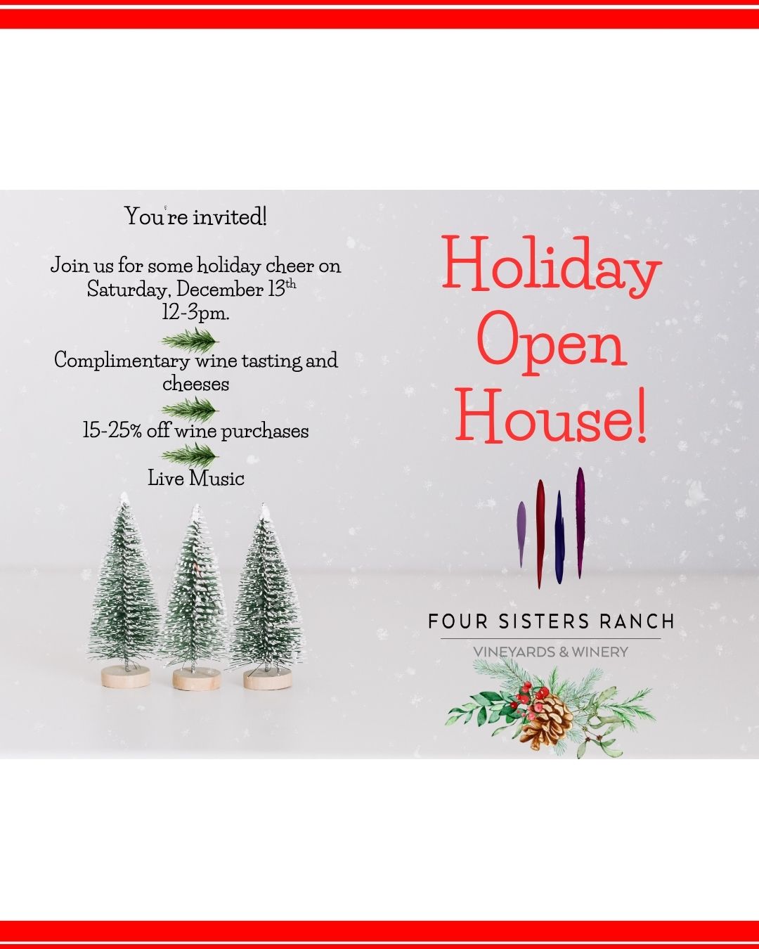 Invitation to Holiday Open House at Four Sisters Ranch Winery in Paso Robles wine country in December 2025