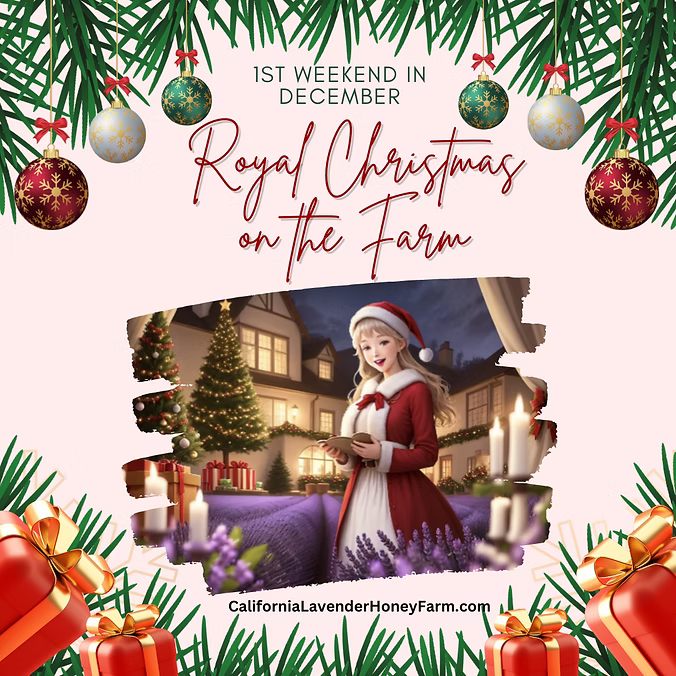 Promotional poster for 'Royal Christmas on the Farm' event with festive decorations and a woman in a Santa outfit.