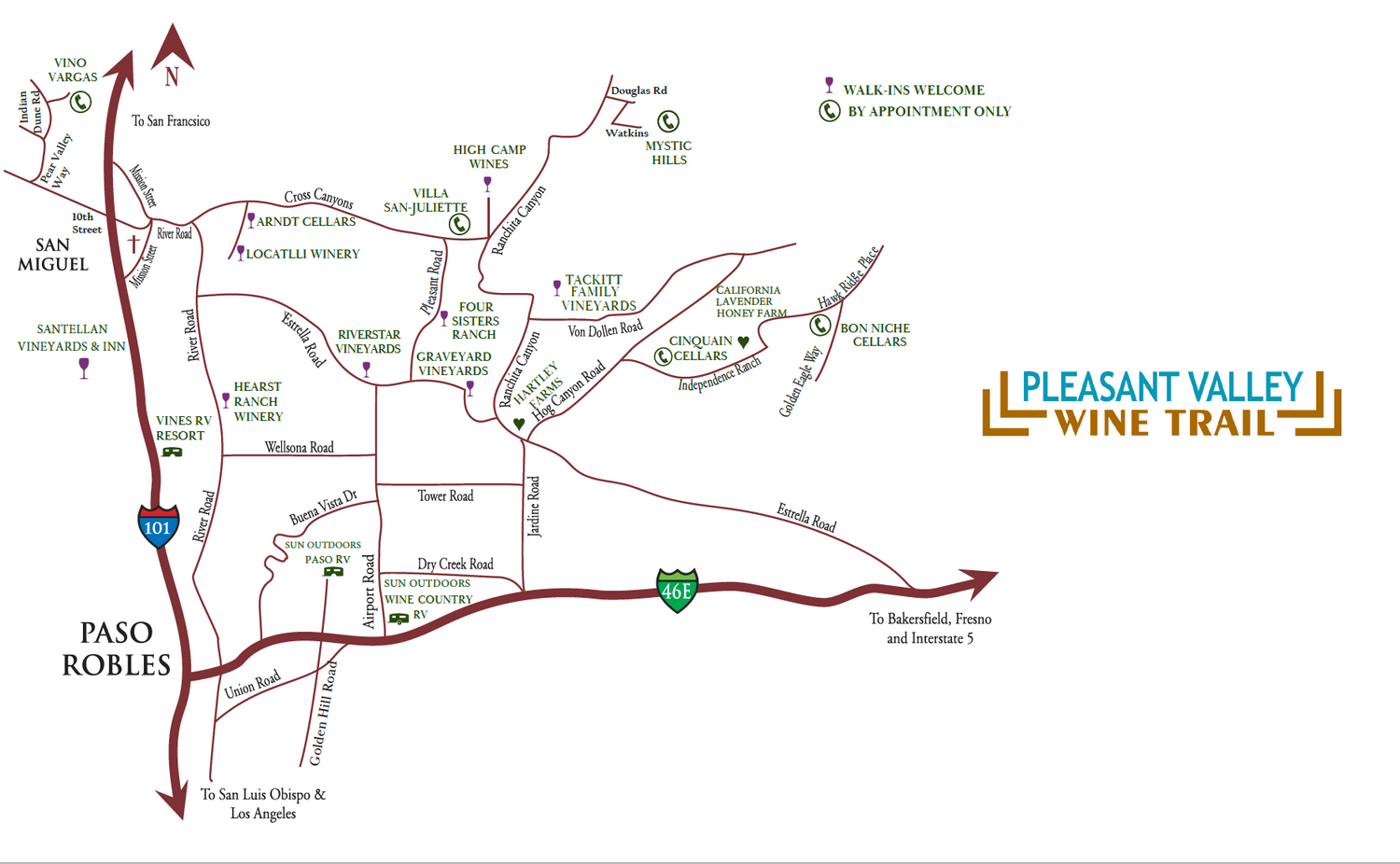 Pleasant Valley Wine Trail Map San Miguel, Paso Robles, California
